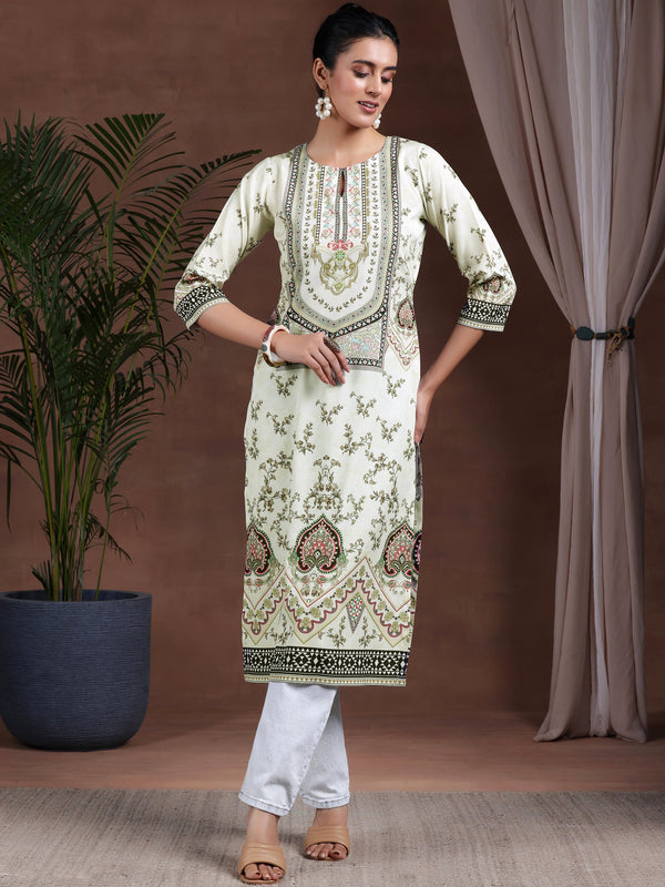 Beige Printed Crepe Straight Kurta