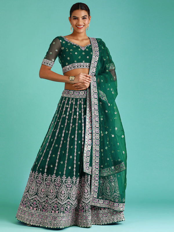 Women's Green Net Sequince Work Lehenga & Blouse, Dupatta - Royal Dwells