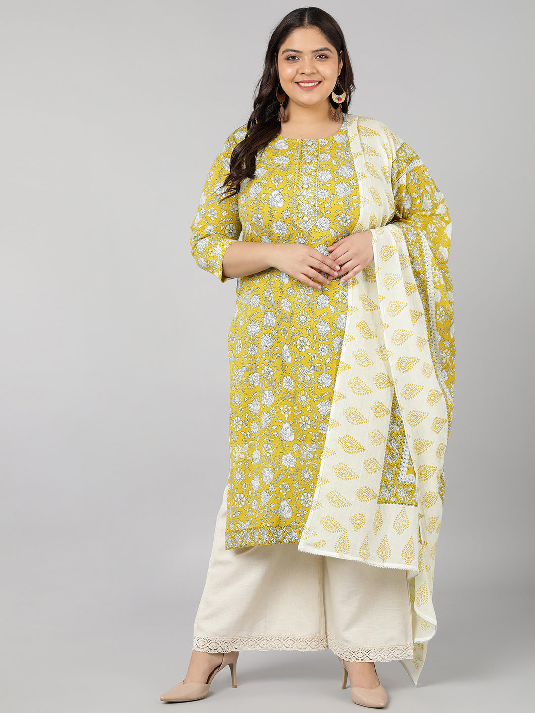 Women's Cotton Floral Print Straight Kurta Set (Yellow) - Kipek