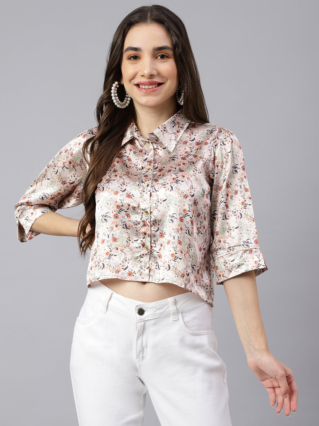 Women's Cream Abstract Shirt Style Top - Deckedup