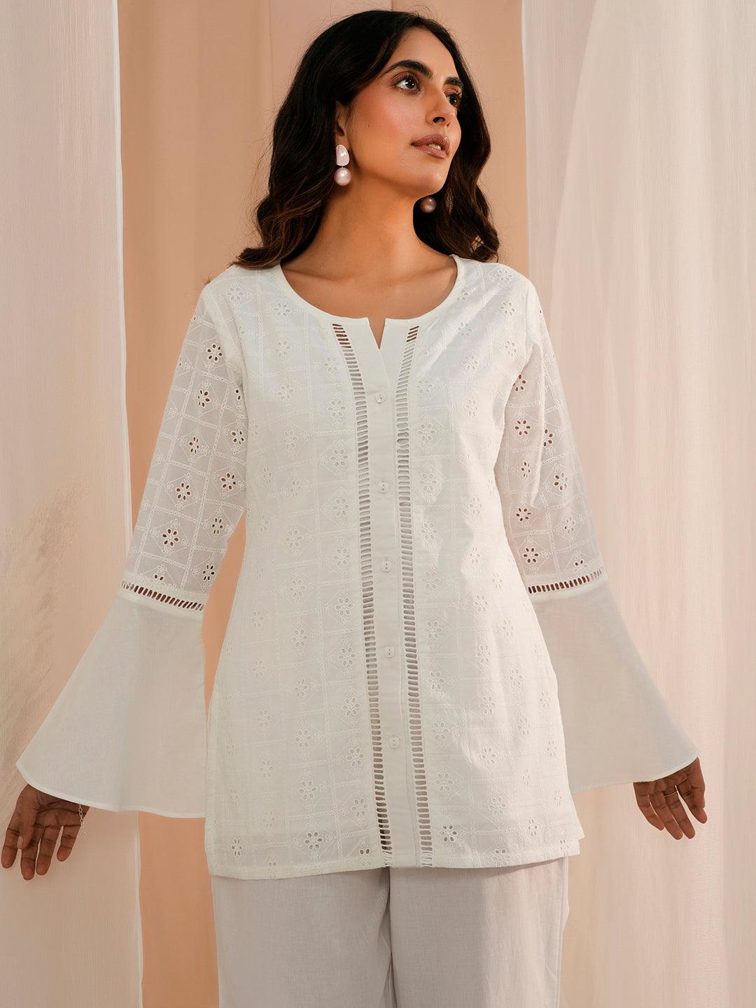 White Embroidered Cotton Straight Kurti - Jashvi