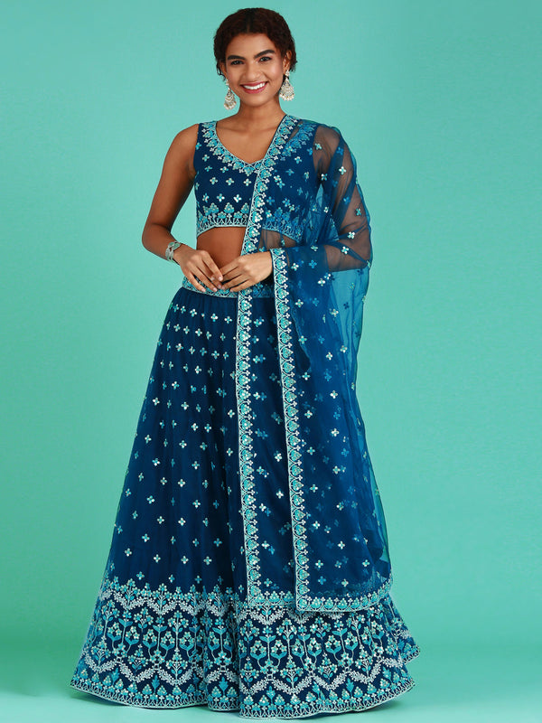 Women's Navy Blue Net Thread & Sequince Work Lehenga & Blouse, Dupatta - Royal Dwells