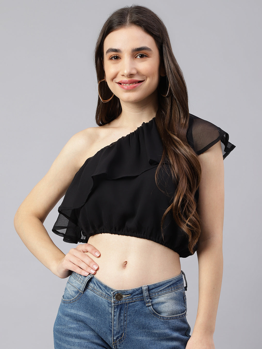 Women's Black Off-Shoulder Crop Top - Deckedup