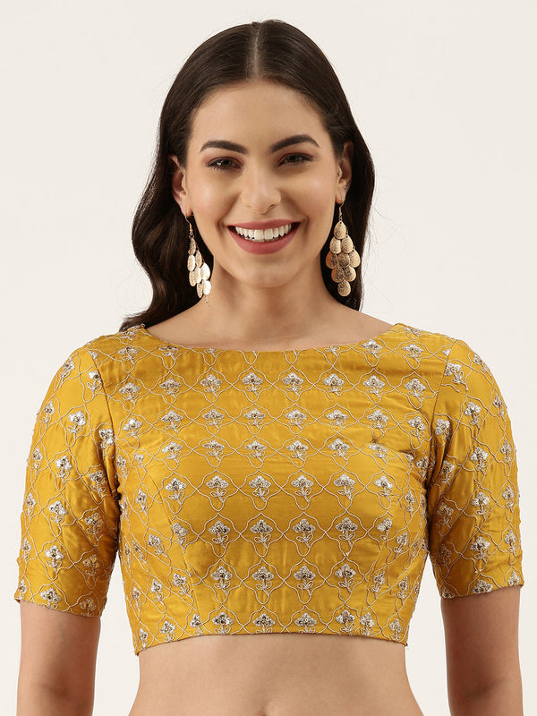 Women's Mustard Sequince Work Silk Blouse - Royal Dwells