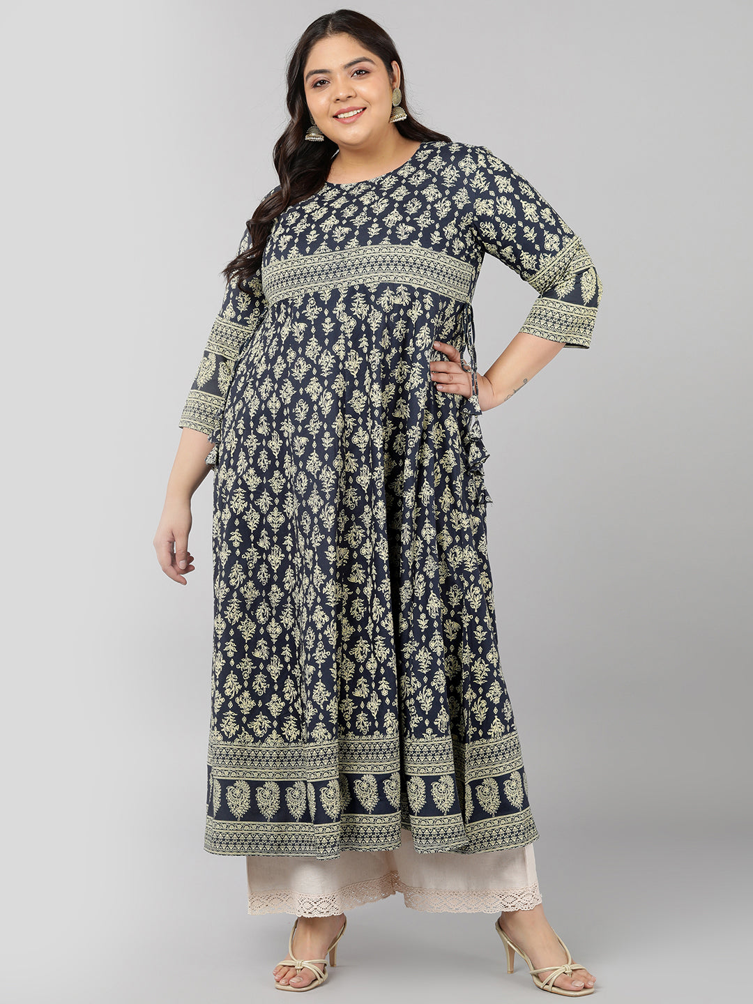 Women's Rayon Floral Print Anarkali Kurta (Grey) - Kipek