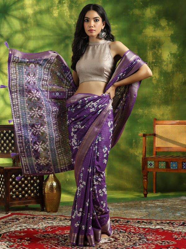 Lavender Printed Silk Blend Saree With Unstitched Blouse Piece