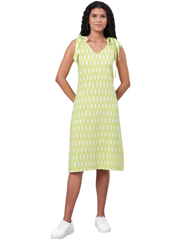 Women's Green Printed Sleeveless Cotton Slub V Neck Casual Dress - Myshka