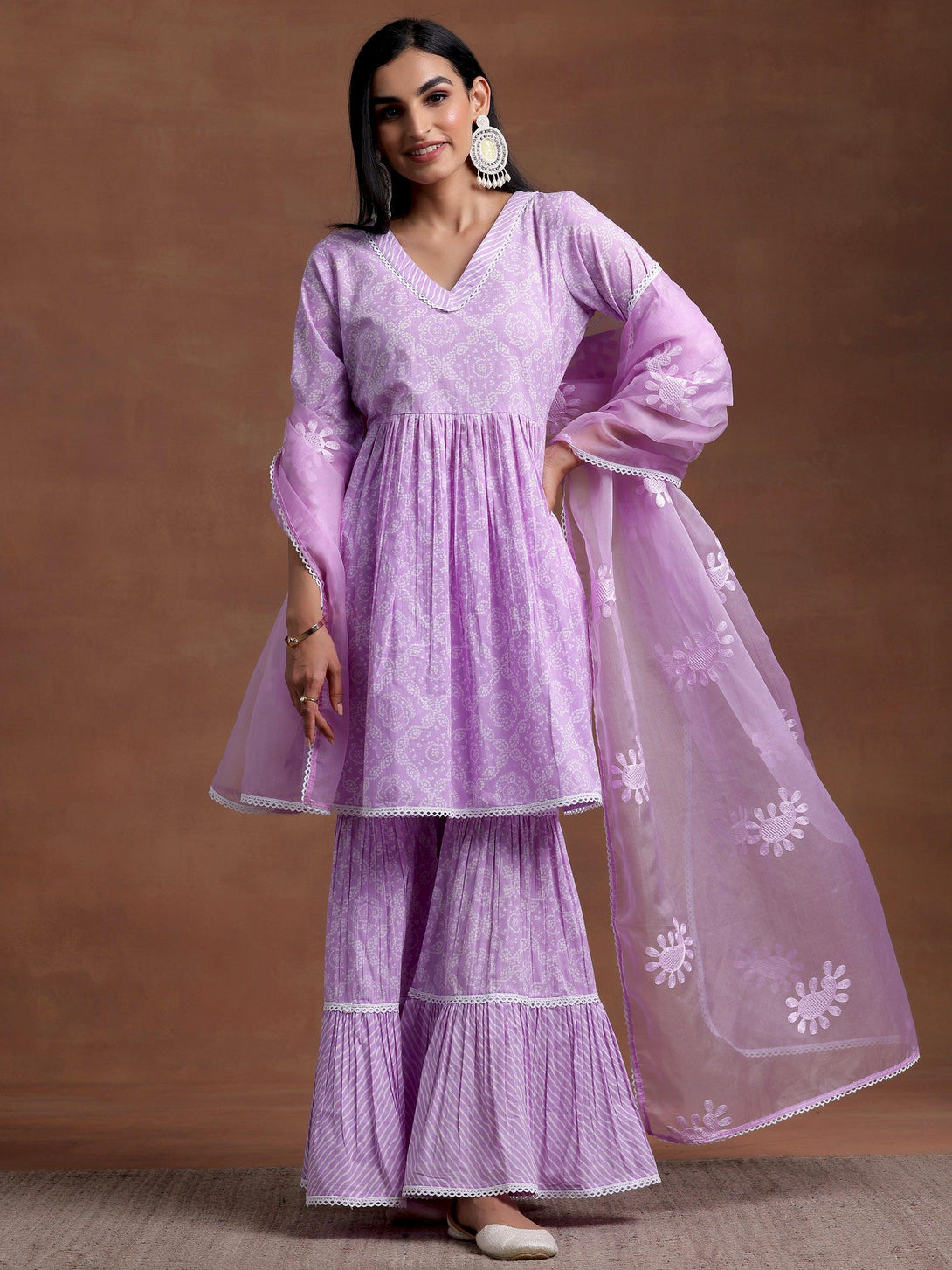 Purple Printed Cotton A-Line Kurta With Sharara & Dupatta - Jashvi