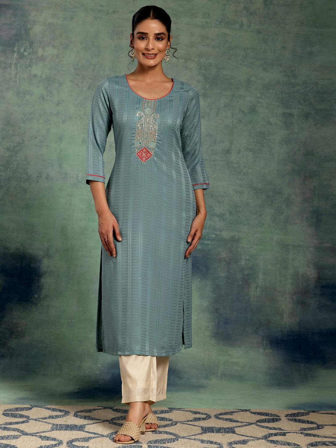 Blue Yoke Design Silk Straight Kurta - Jashvi