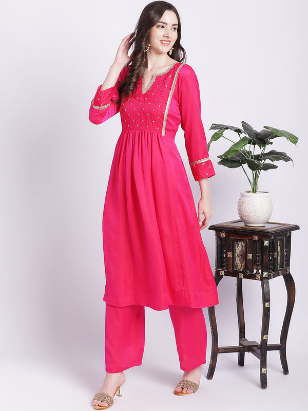 Women's Pink Punch A-Line Kurti With Straight Palazzo - Anokherang