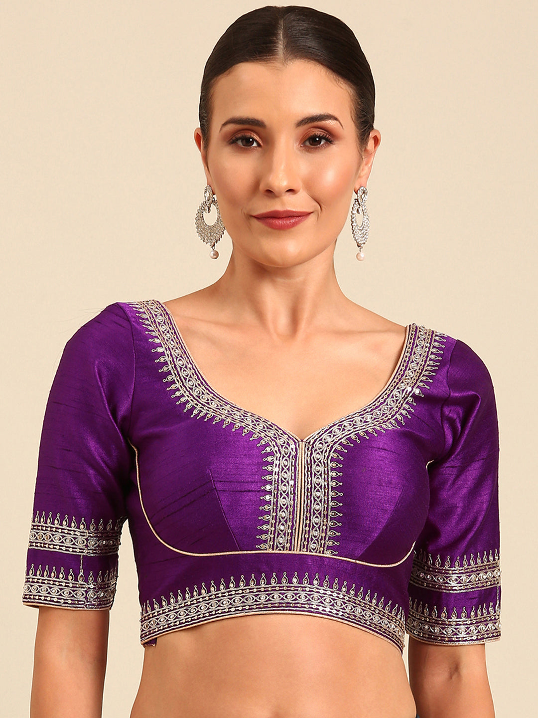 Women's Purple-Toned Pure Silk Embroidery Work Readymade Blouse - Royal Dwells