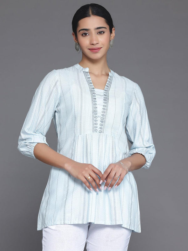 Blue Woven Design Cotton Blend Straight Kurti - Jashvi