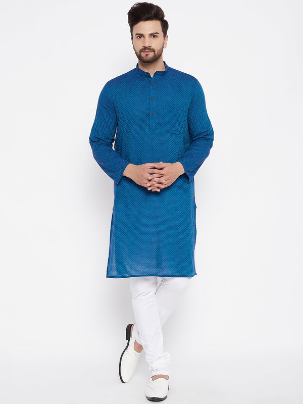 Men's Pure Cotton Blue Straight Kurta - Even Apparels