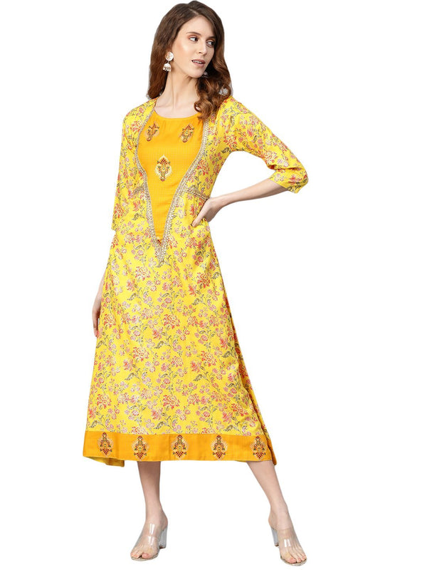 Women's Yellow Printed 3/4 Sleeve Cotton Slub Round Neck Casual Dress - Myshka