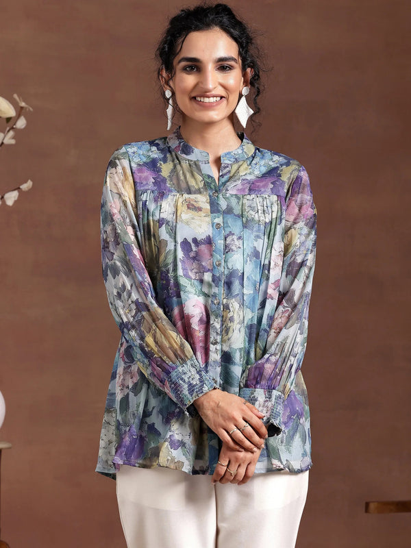 Blue Printed Chiffon A-Line Kurti