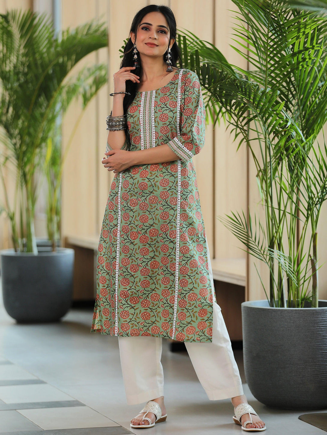 Green Printed Cotton Straight Kurta - Jashvi