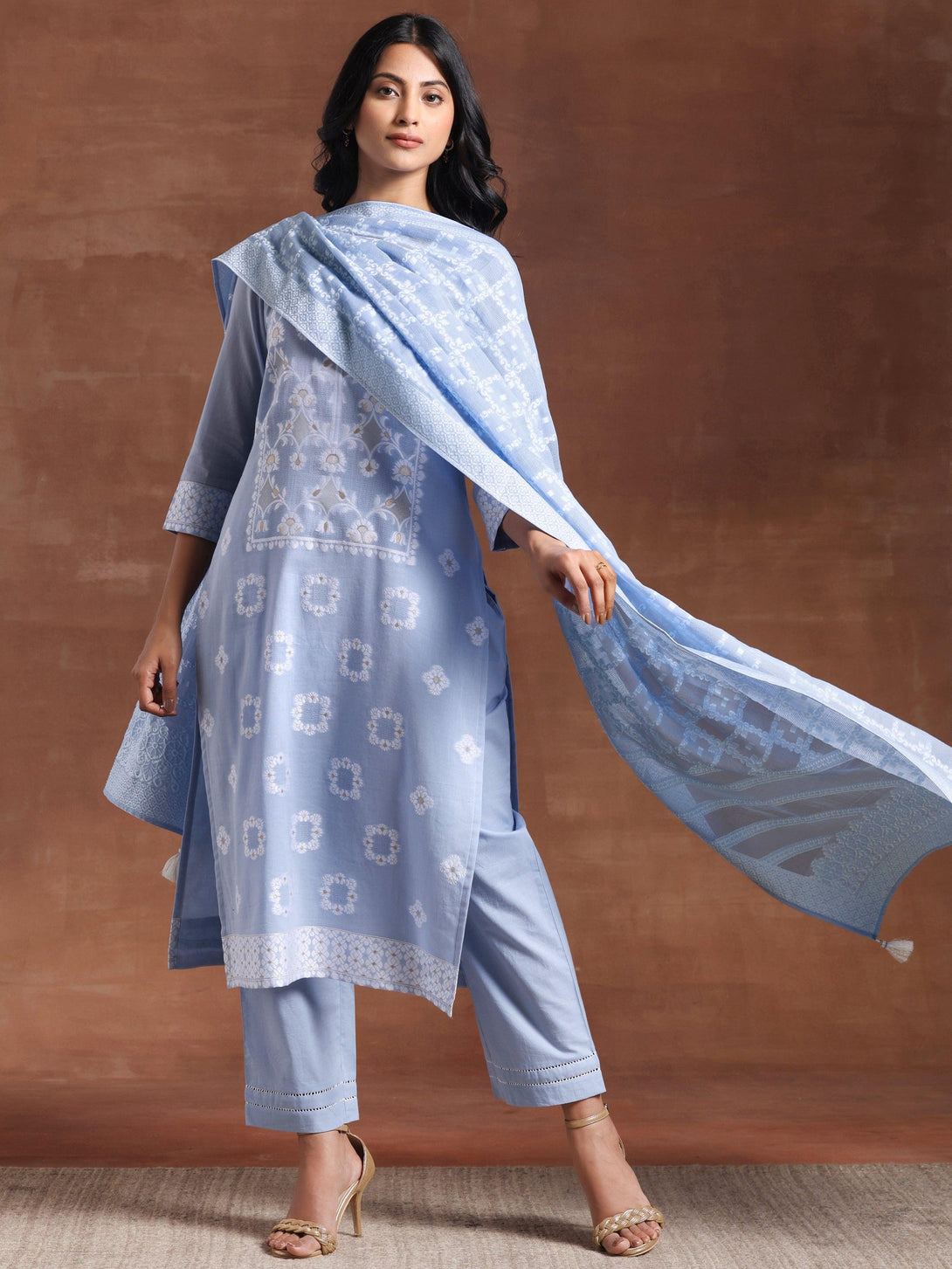 Blue Woven Design Cotton Straight Suit With Dupatta - Jashvi