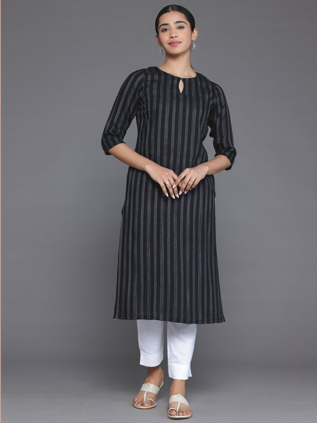 Black Striped Rayon Straight Kurta - Jashvi