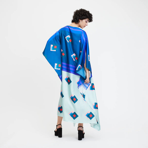 Women's Blue Block Satin Silk Kaftan - Rangnaari