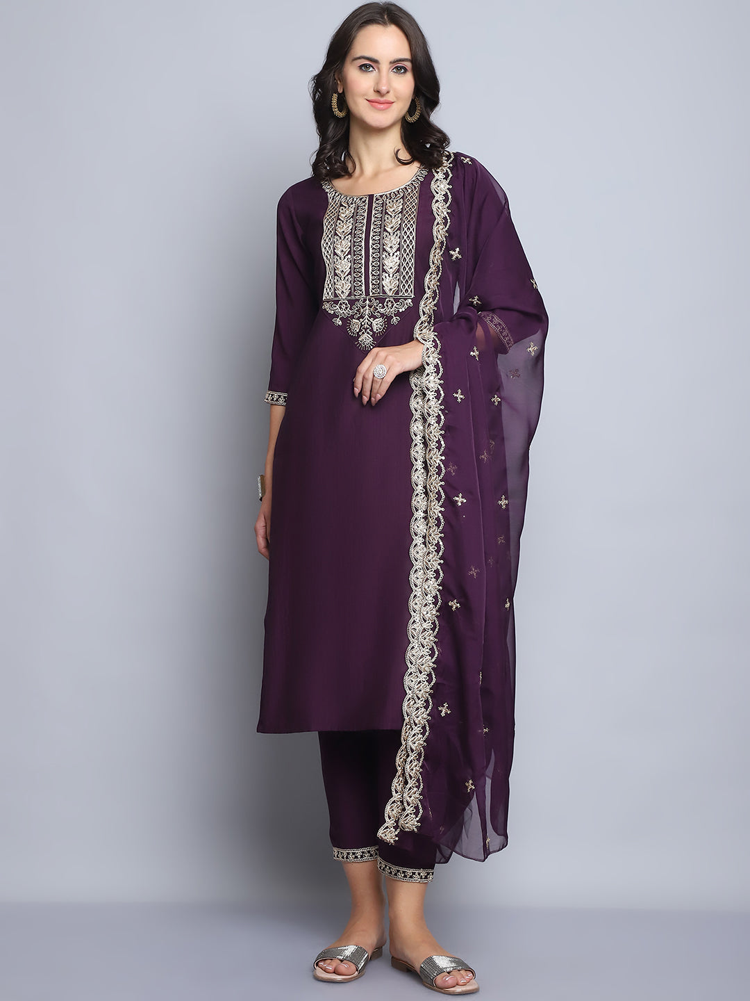 Women's Wine Embroidery Silk Kurta And Pant Set With Dupatta - Alvami