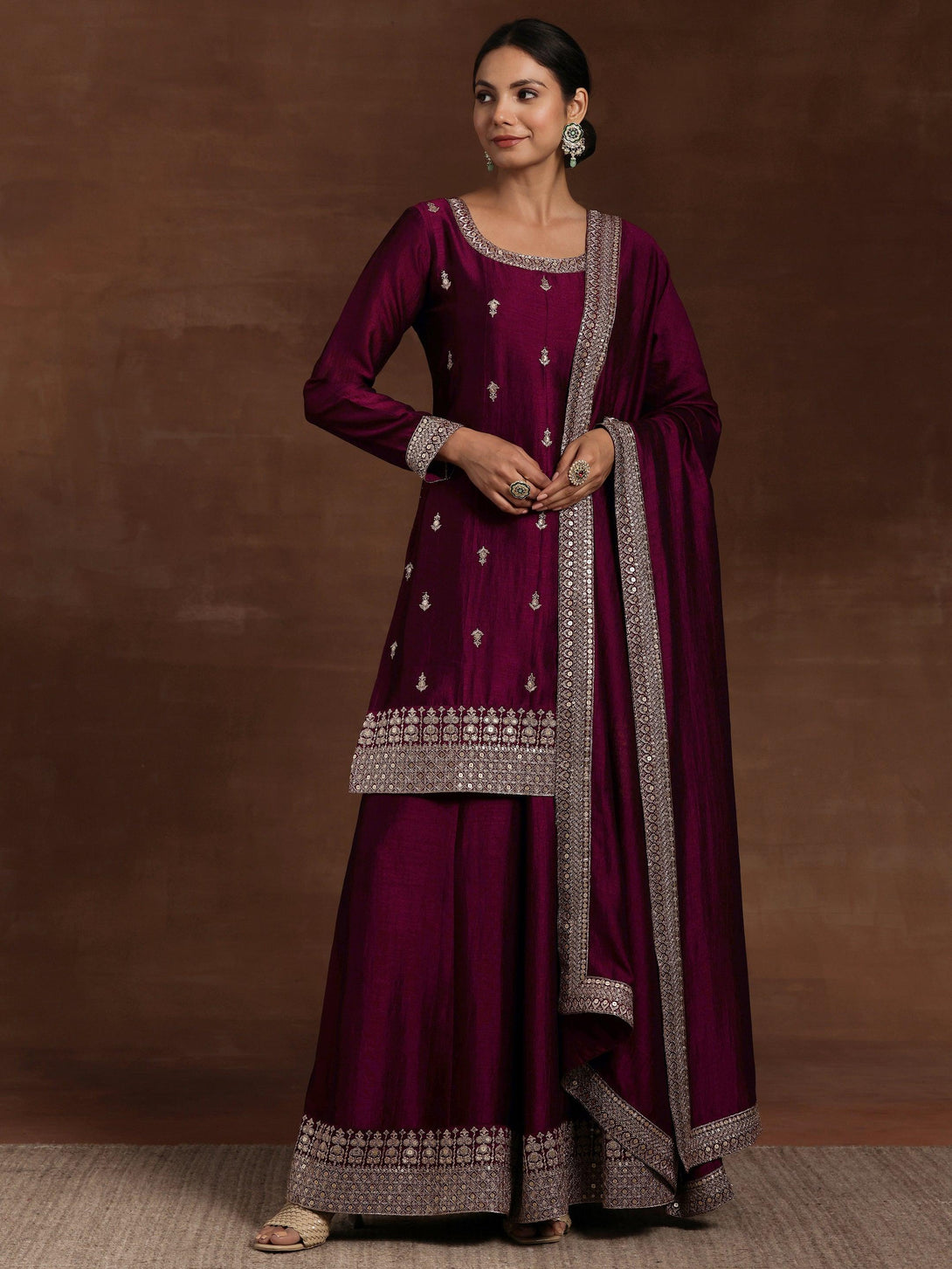 Maroon Embroidered Silk Blend Straight Suit With Dupatta - Jashvi