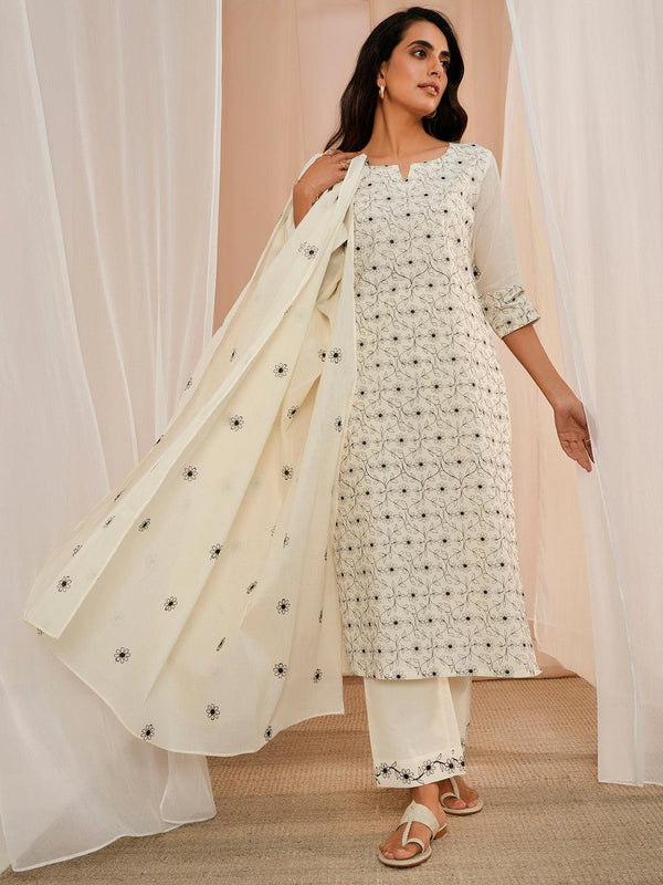 Off White Embroidered Cotton Straight Suit With Dupatta - Jashvi