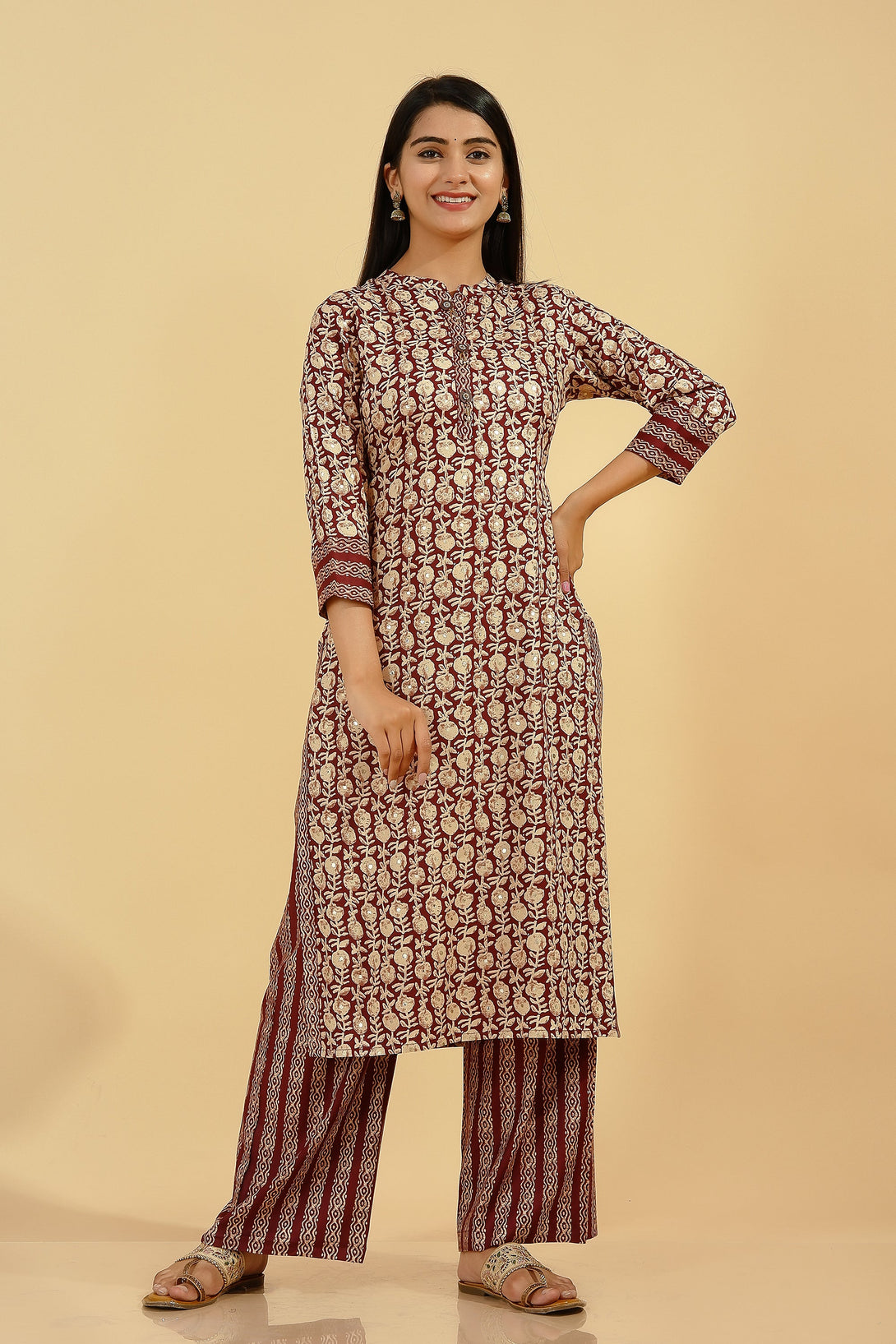 Women's Rayon Foil Printed Straight Kurta Set (Brown) - Kipek