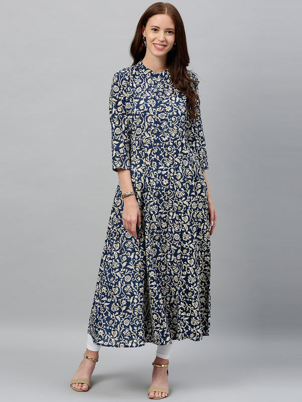 Women's Navy Blue Printed Cotton Kurta by Kipek (1 Pc Set)