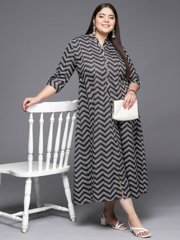 Black & White Plus Size Chevron Print Midi Ethnic Dress