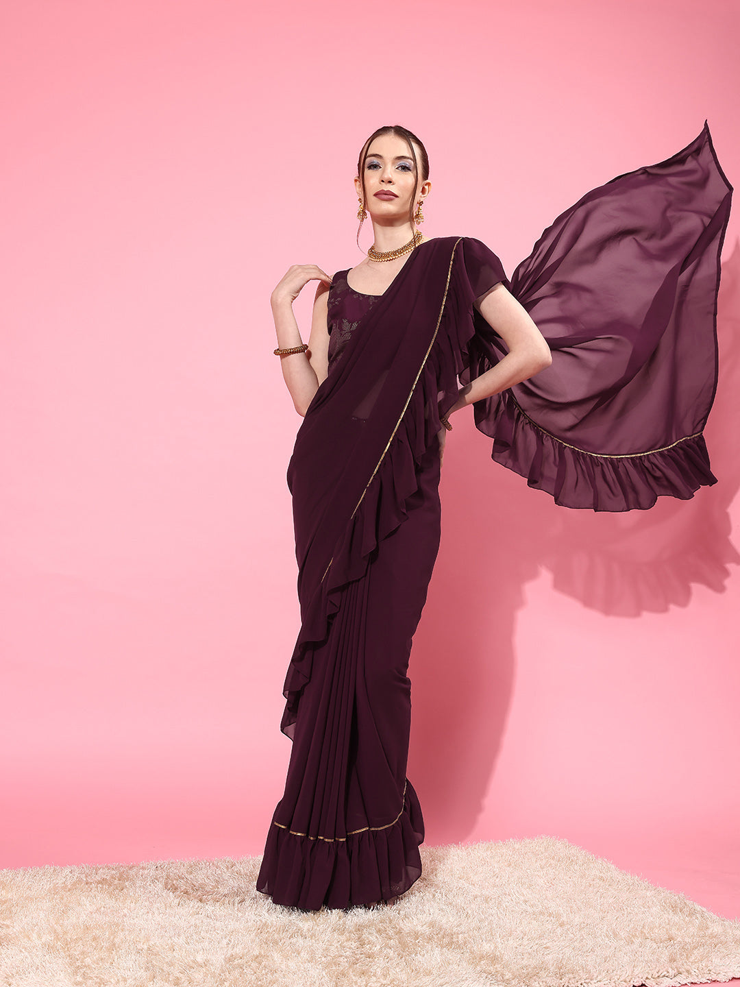 Women's Burgundy Poly Georgette Ready To Wear Saree - Ahalyaa