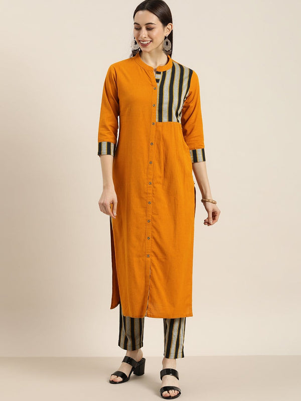 Women's KSUT Mustard And Grey Woven Stripe Kurta With Stripe Woven Trouser - Varanga