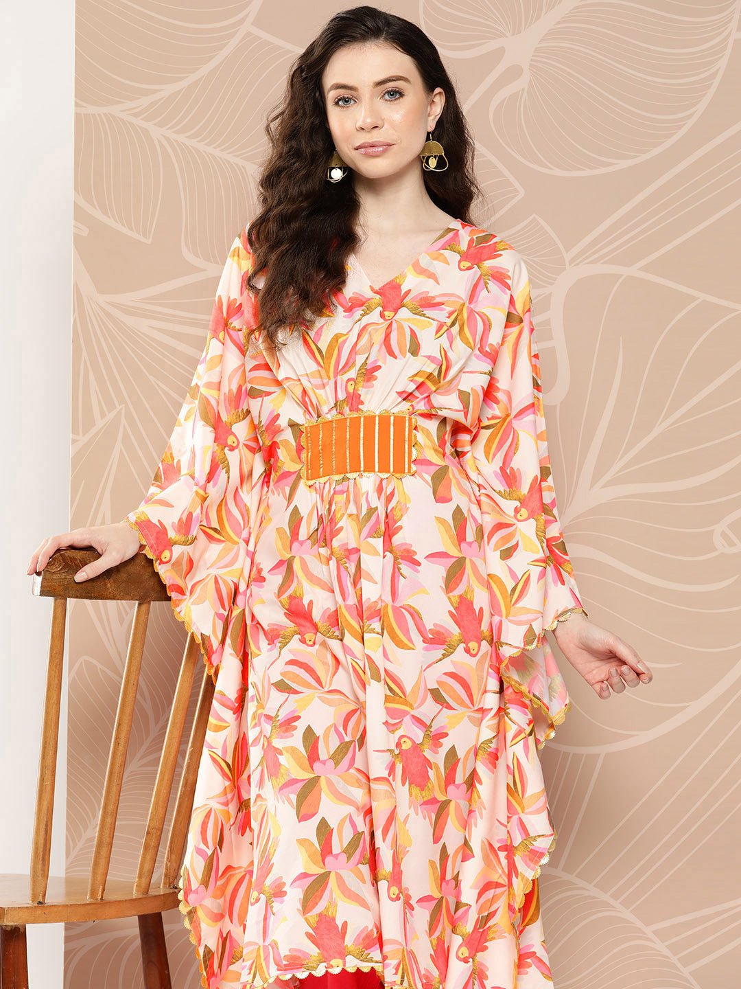 Women's Floral Printed Flared Sleeves Gotta Patti Crepe Kaftan Kurta - Ahalyaa