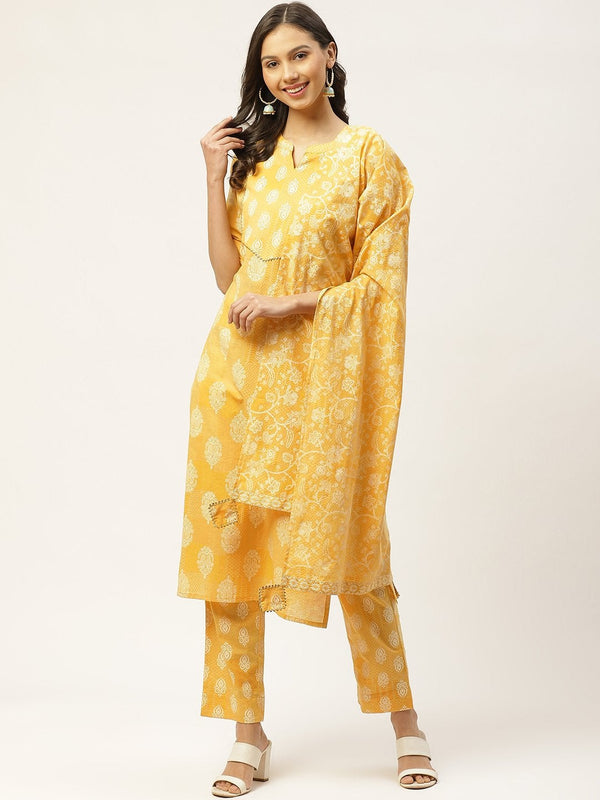 Women's Yellow & White Ethnic Hand Printed Cotton Kurta with Trousers & Dupatta - Maaesa