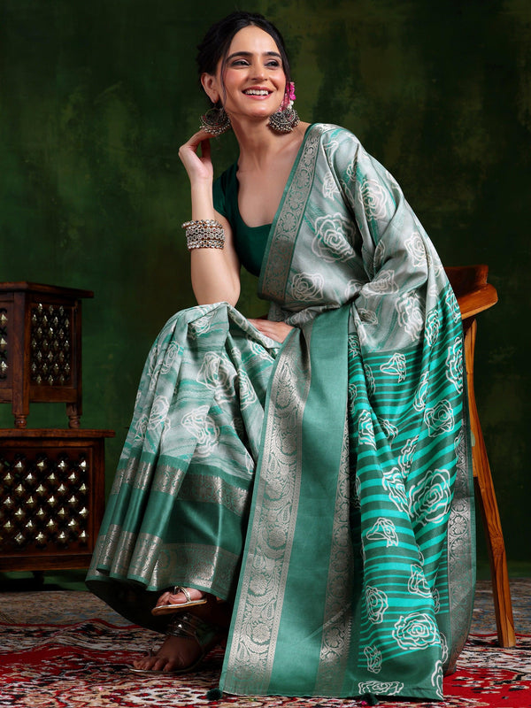 Green Printed Silk Blend Saree With Unstitched Blouse Piece