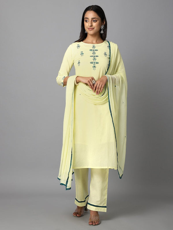 Women's Solid Yellow Embroidered Side Slit Straight Kurta Palazzo And Dupatta Set - Azira