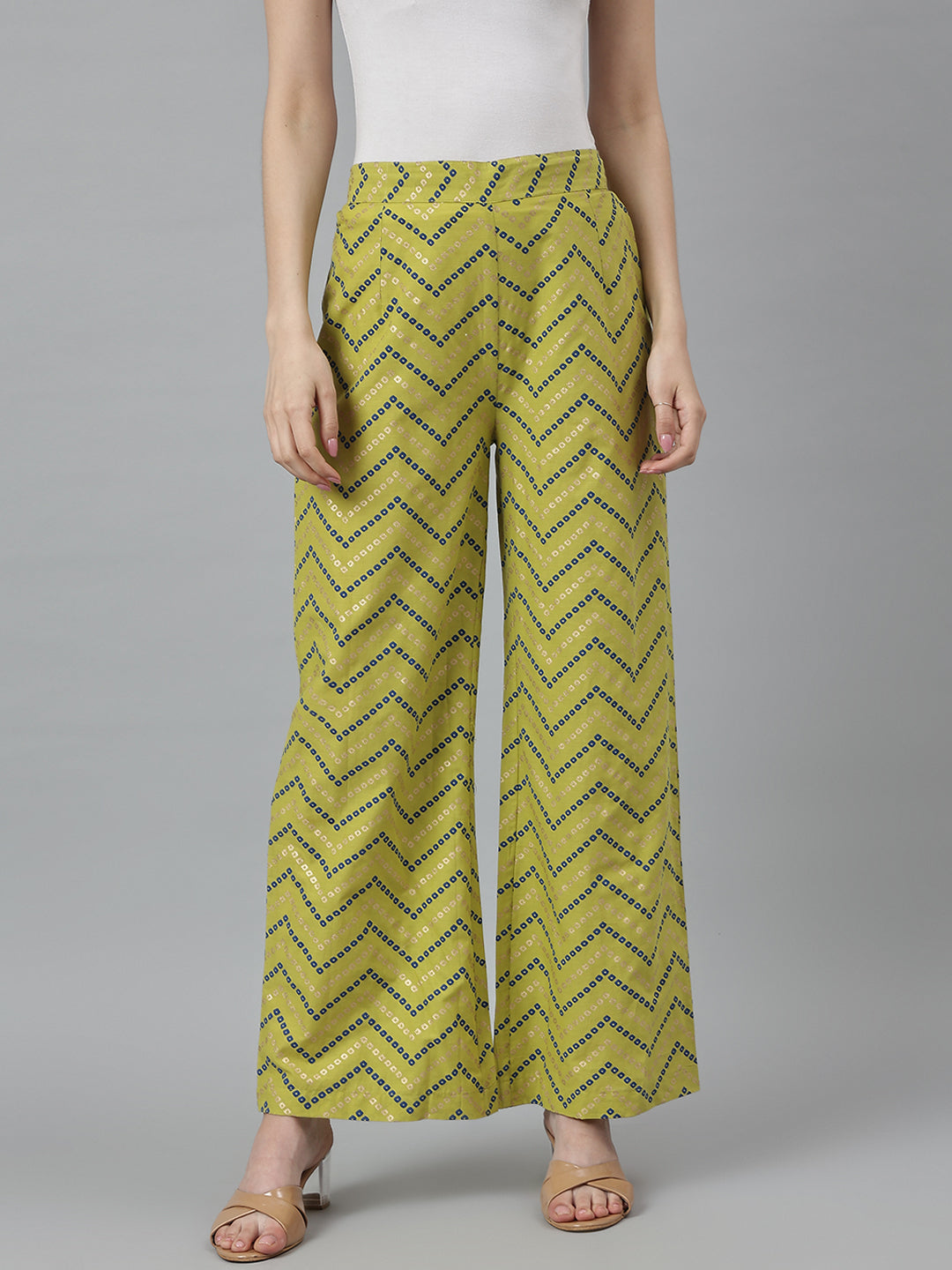 Women's Green And Gold Chevron Print Palazzo - Deckedup