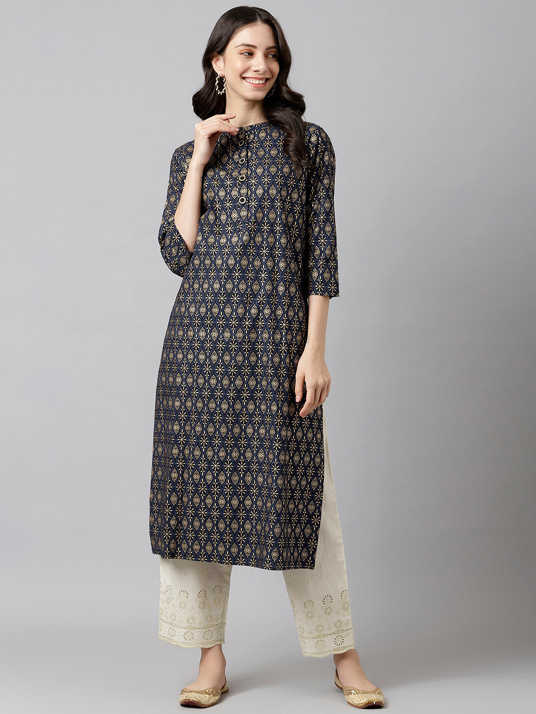 Women's Navy Blue Gold Print Kurta - Deckedup