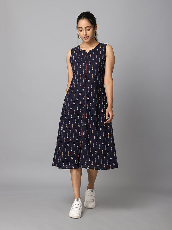 Women's Navy Blue Ikkat Printed A-Line Dress Having Pocket - Azira