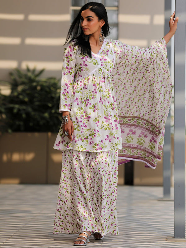 Off White Printed Cotton A-Line Kurta With Sharara & Dupatta - Jashvi