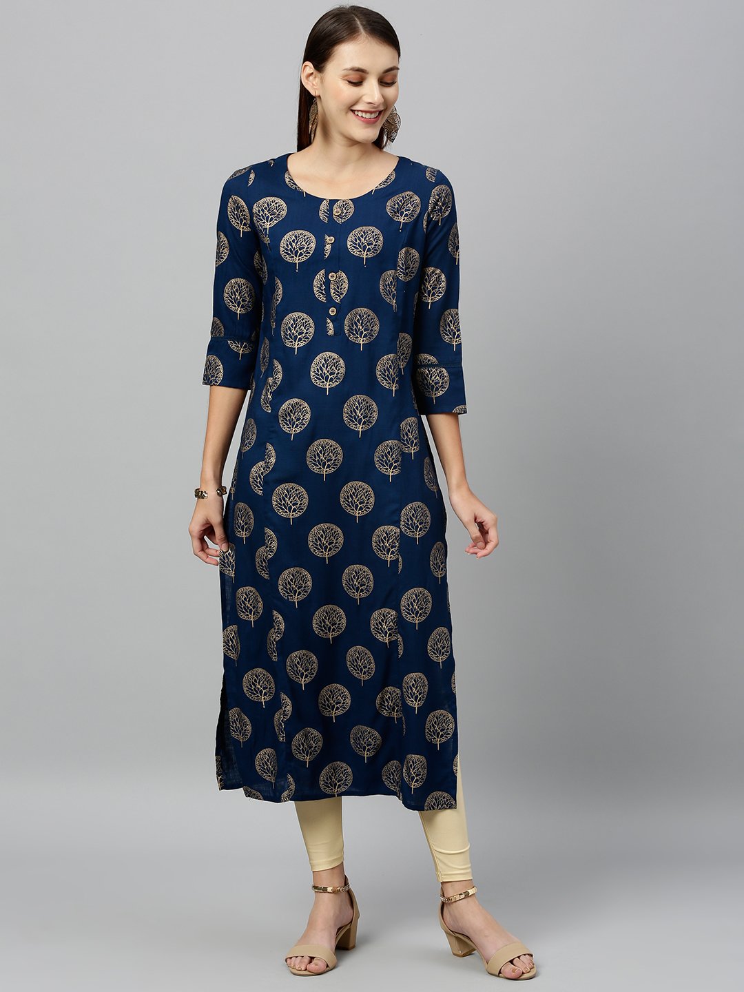 Women's Golden Floral Printed Kurta by Kipek- (1pc set)