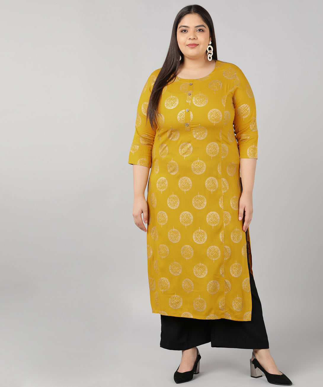 Women's Rayon Gold Print Straight Kurta (Mustard) - Kipek