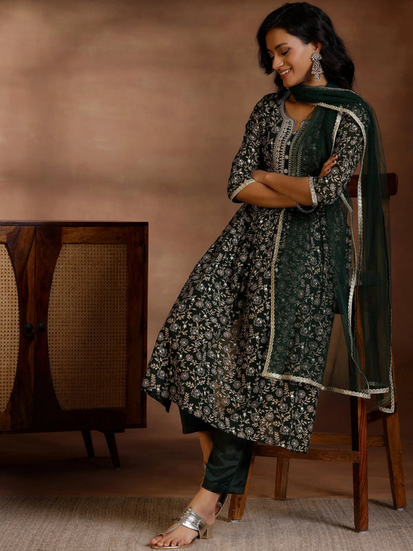 Green Printed Georgette A-Line Kurta With Trousers & Dupatta