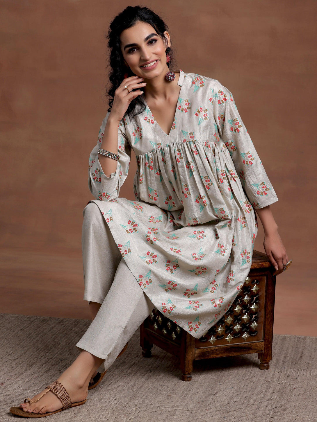 Grey Printed Silk Blend A-Line Kurta With Trousers - Jashvi