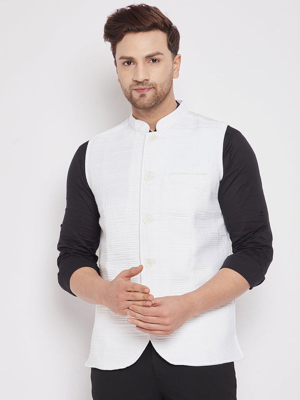 Men's White Color Woven Nehru Jacket - Even Apparels