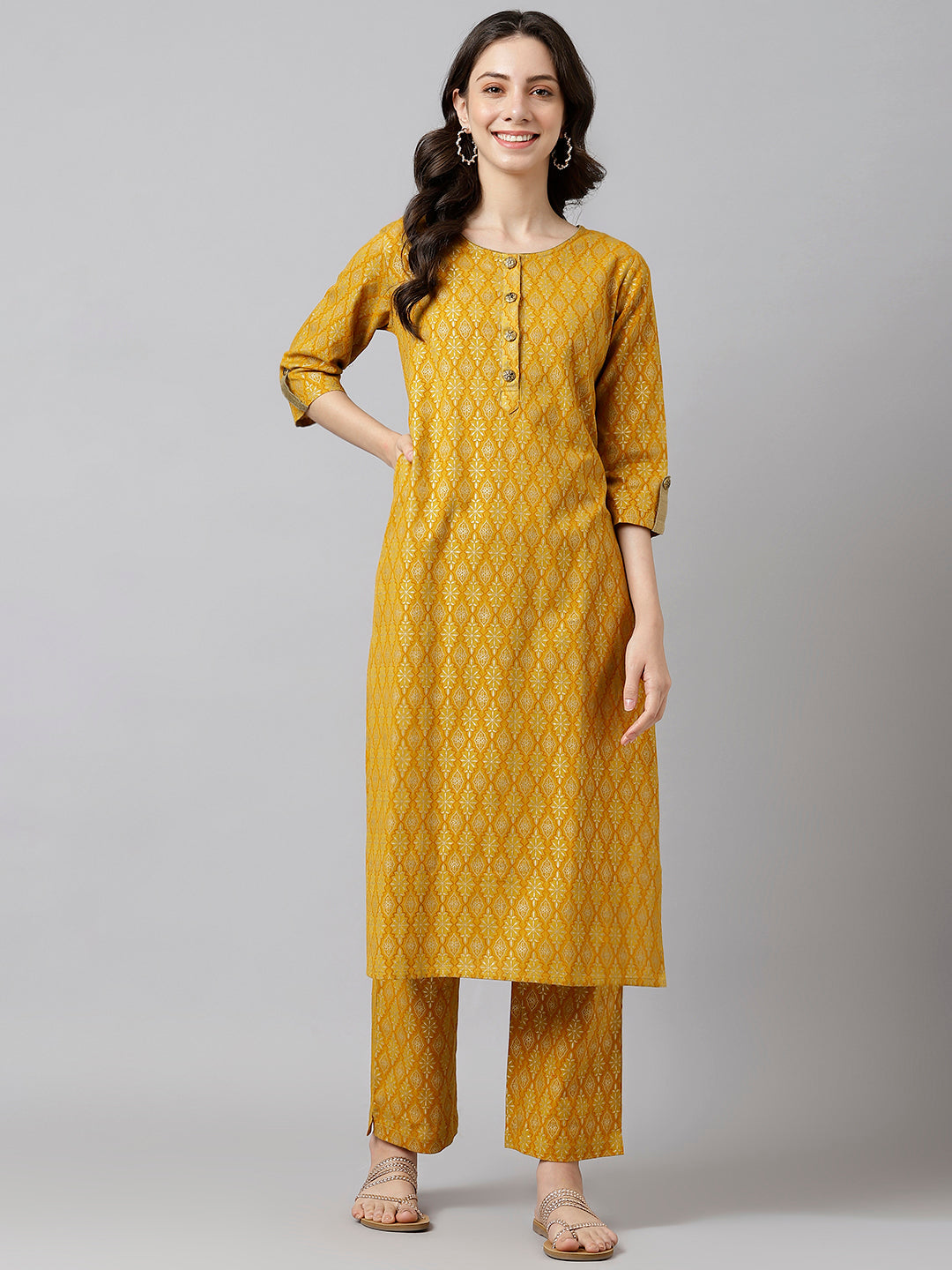 Women's Musturd Gold Printed Straight Kurta - Deckedup