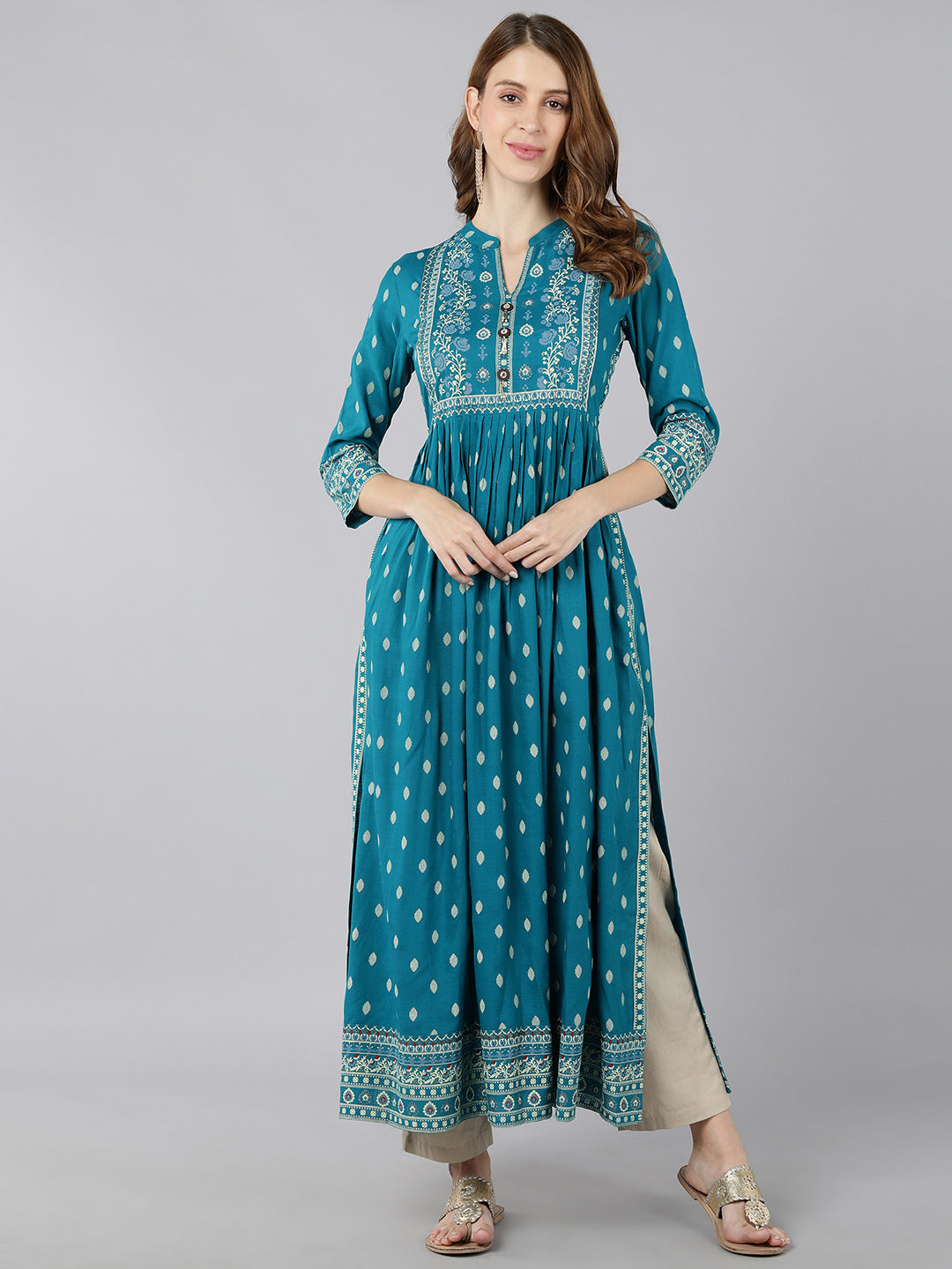 Women's Rayon Printed A-Line Kurta (Turquoise) - Kipek