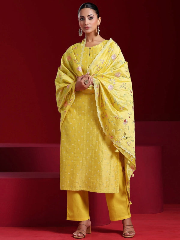 Jashvi Art Yellow Embroidered Chanderi Silk Straight Suit With Dupatta