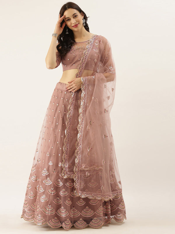 Women's Rose Gold Net  Thread And Sequince Work Lehenga Choli - Royal Dwells