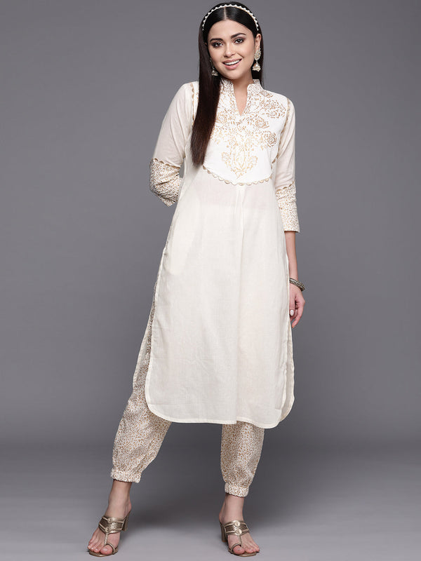 Off White Pure Cotton Printed Kurta With Trousers