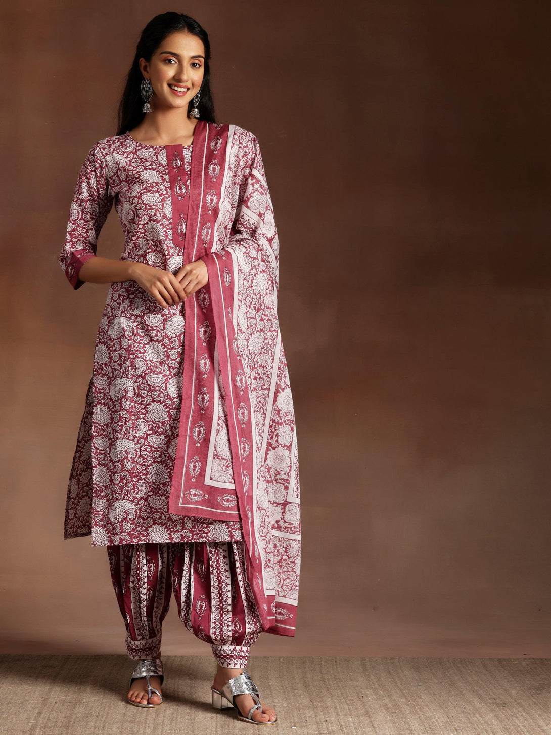 Wine Printed Cotton Straight Suit With Dupatta - Jashvi